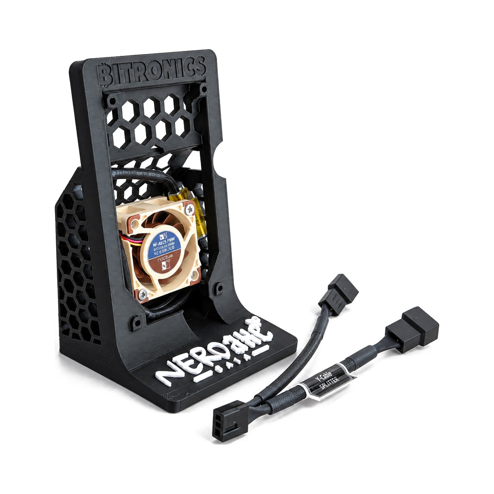 Nerdaxe Gaia stand with the rear Noctua fan mounted and the Y splitter