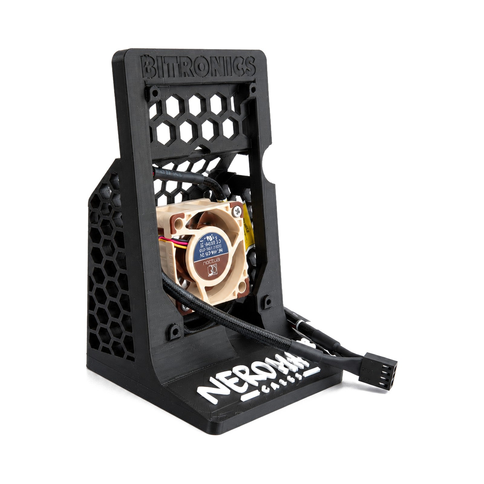 Nerdaxe Gaia stand with the rear Noctua fan, side view
