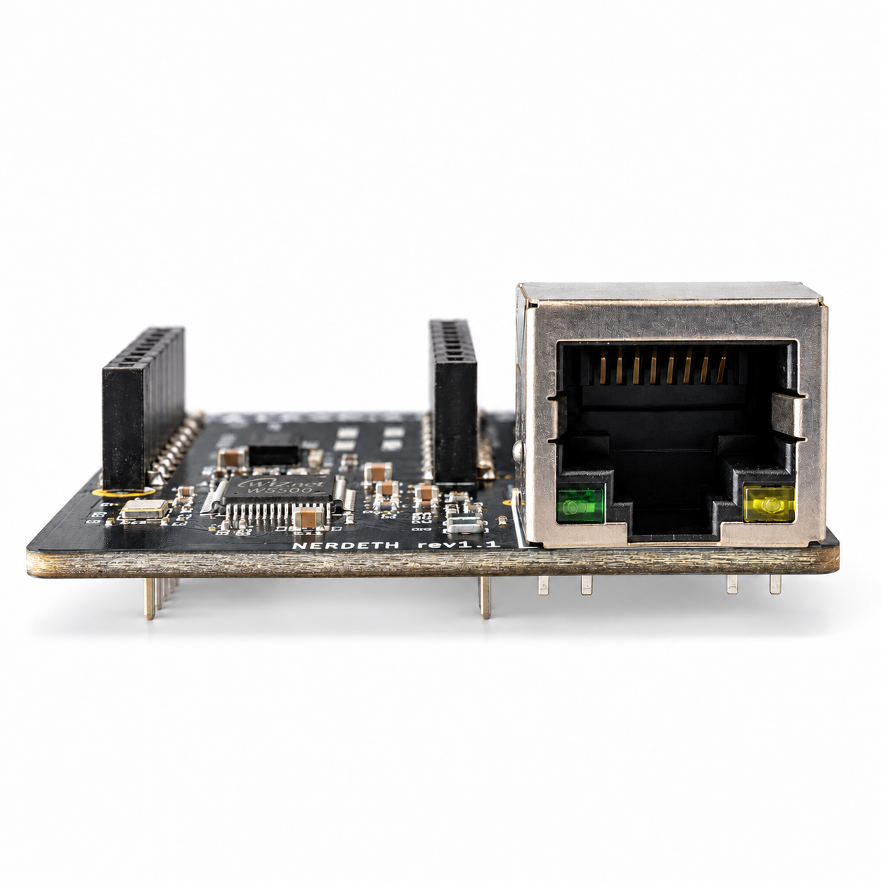 NerdHat board viewed from the RJ45 Ethernet port, showing cable socket and connection headers.