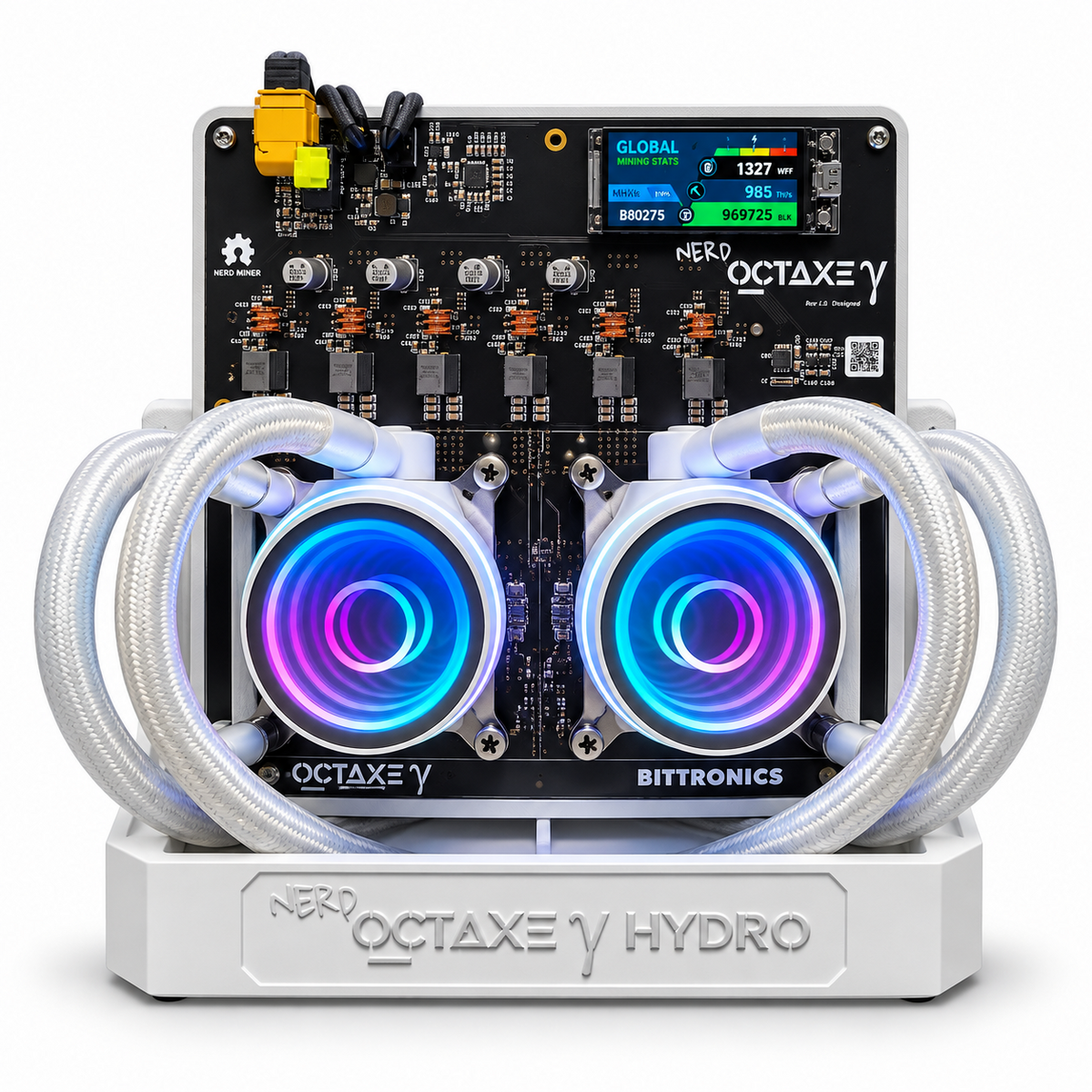 Front view of the NerdOctaxe Hydro 12 TH/s with its colour display and two illuminated liquid cooling blocks.