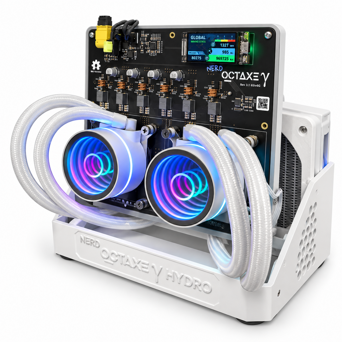 NerdOctaxe Hydro 12 TH/s in a white stand, three-quarter view showing liquid cooling blocks and tubing.