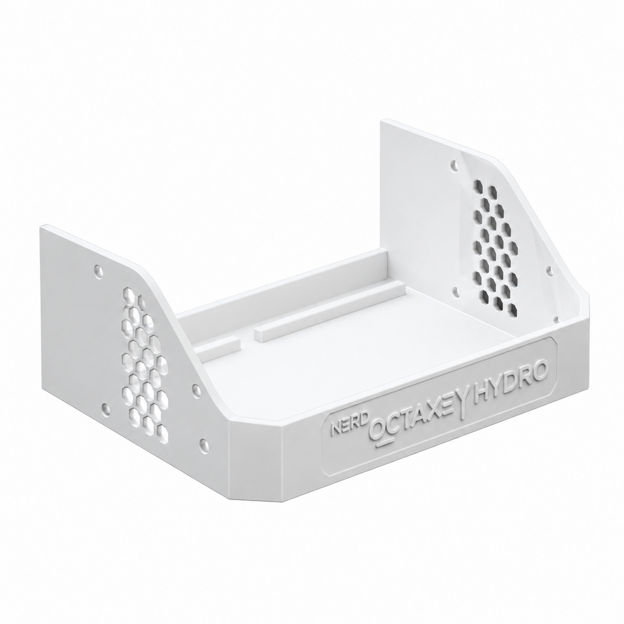 Empty white 3D Octaxe Hydro stand designed by Bitronics, isolated from the launch video without the miner.