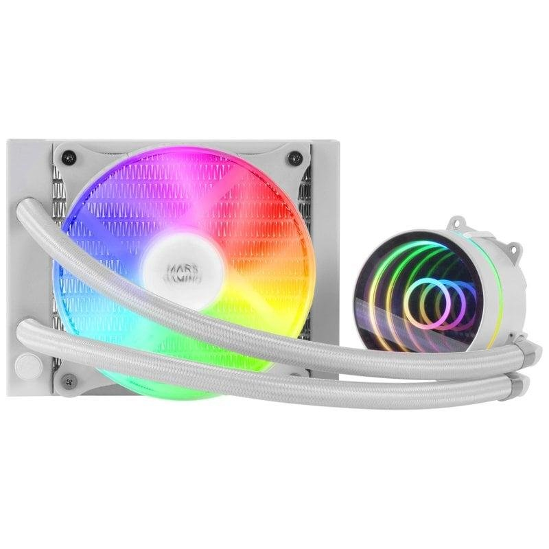 White liquid cooling radiator with RGB fan, braided tubing and circular illuminated cooling block.