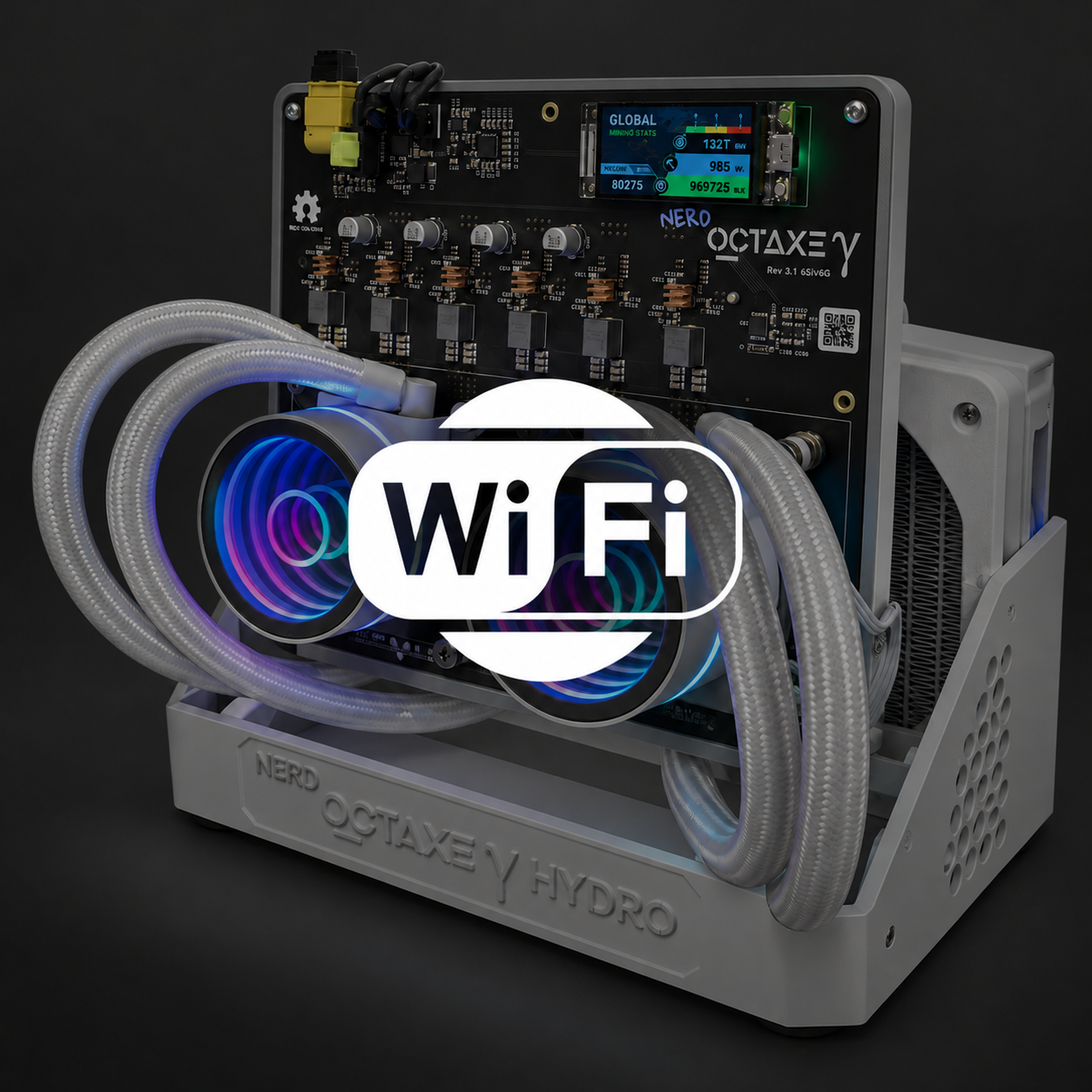 NerdOctaxe Hydro liquid-cooled miner with WiFi logo, showing wireless connectivity.