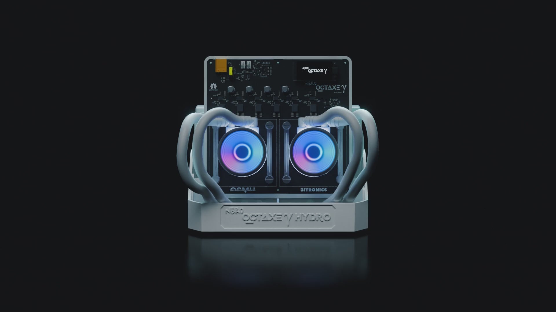 NerdOctaxe Hydro launch video showing the liquid-cooled Bitcoin miner in a white stand.