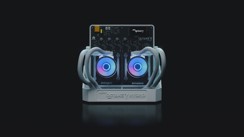 NerdOctaxe Hydro launch video showing the liquid-cooled Bitcoin miner in a white stand.