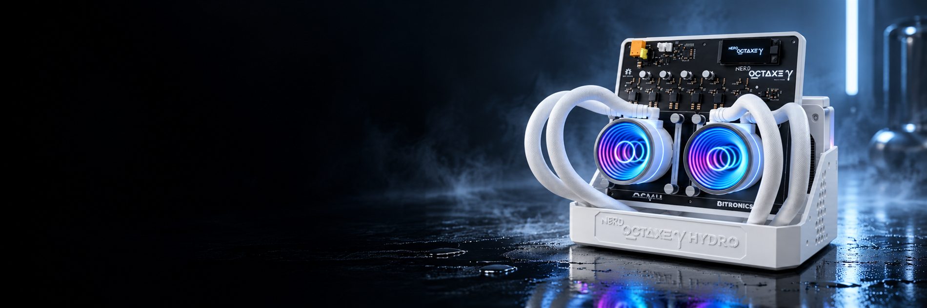 Nerdoctaxe Hydro with its two liquid cooling loops lit in blue